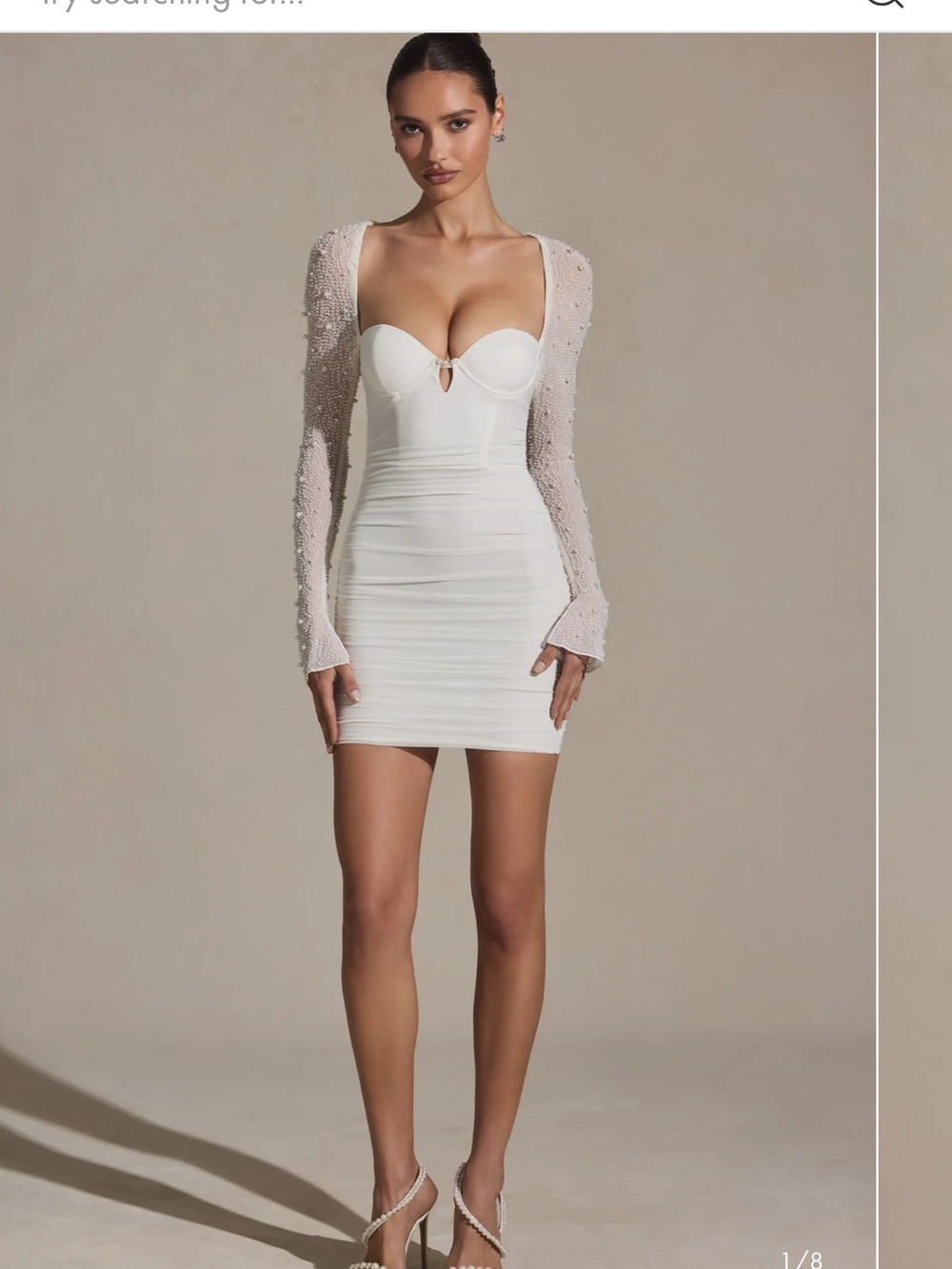 Oh Polly White Sweetheart Neckline Mini Dress with Embellished Sheer Sleeves